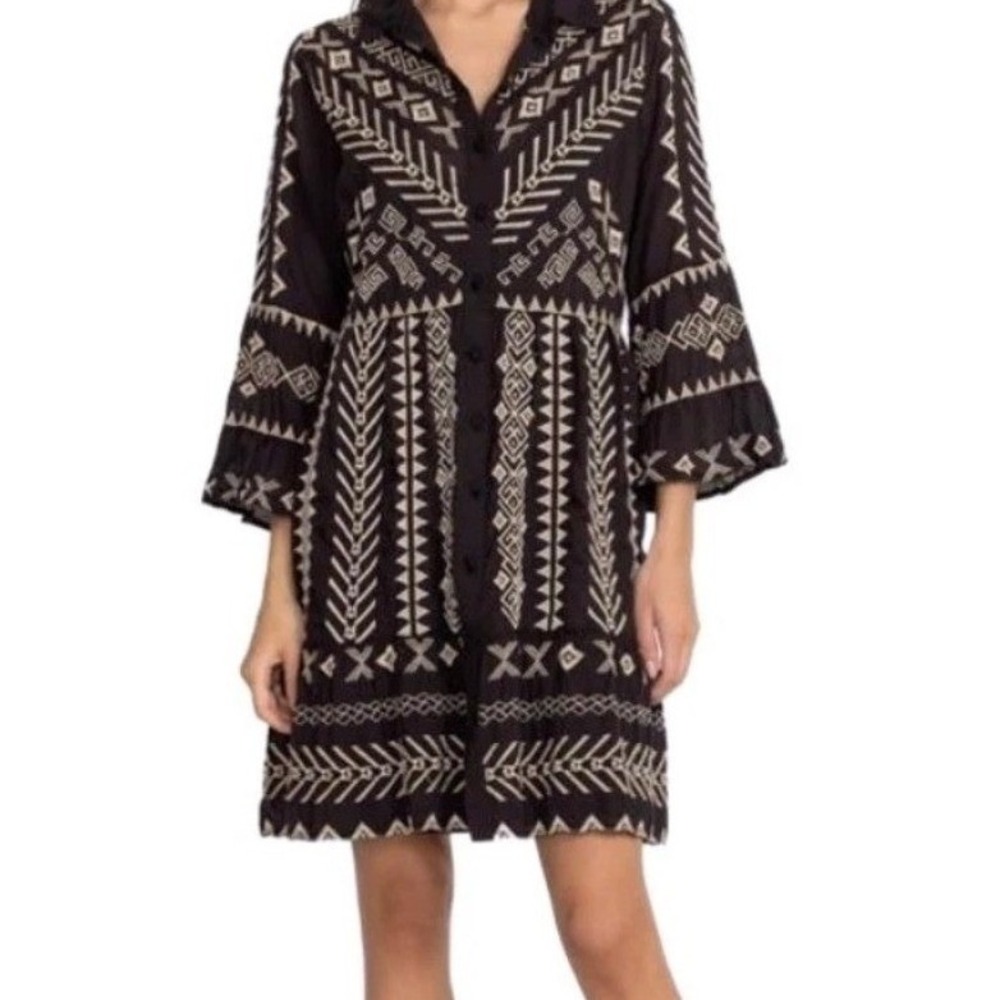 Johnny Was Womens L Charis Easy Tiered Embroidered Shirt Slip Dress Boho